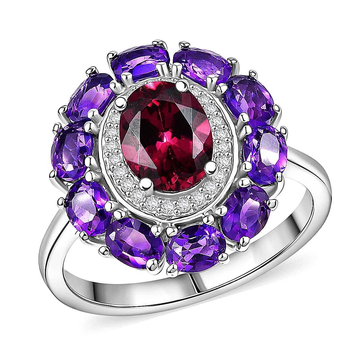 D'Joy Premium Orissa Rhodolite Garnet, Multi Gemstone Ring in Rhodium Over Sterling Silver (Size 10.0) 3.25 ctw
