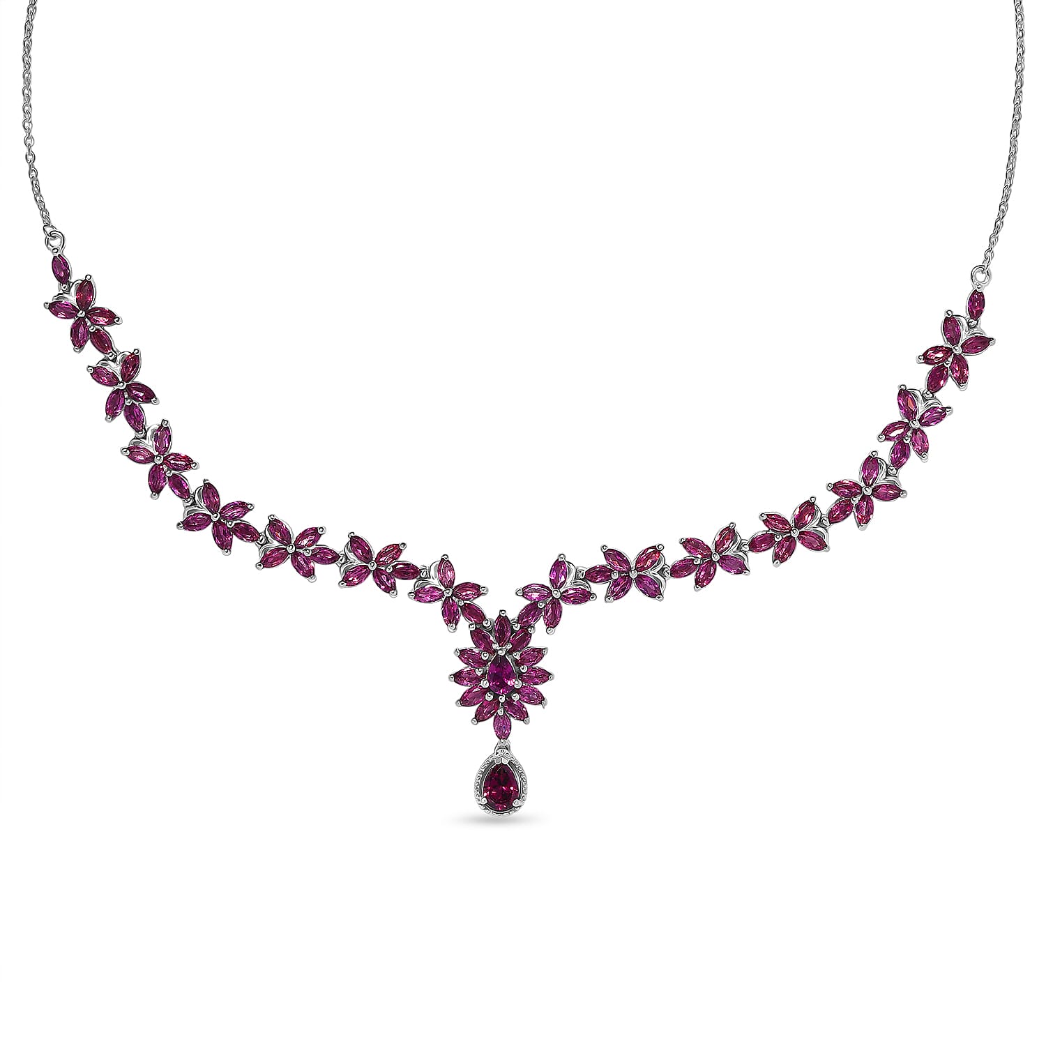 D'Joy Premium Orissa Rhodolite Garnet 17.00 ctw Wine Petal Necklace in Rhodium Over Sterling Silver 18-20 Inches
