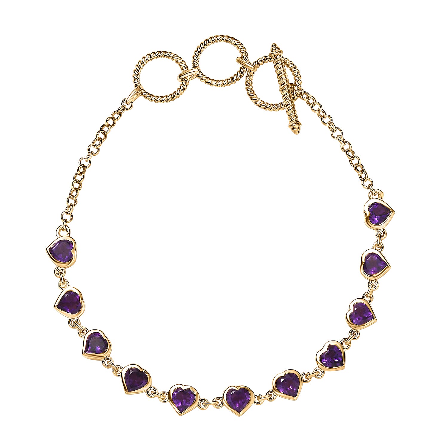 EverTrue African Amethyst 4.65 ctw Heart Journey Bracelet in 18K YG Plated with ION Plated YG Stainless Steel (7.25-8.25In)