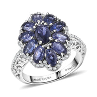 D'Joy Premium Catalina Iolite, Moissanite Floral Ring in Rhodium Over Sterling Silver (Size 10.0) 3.20 ctw