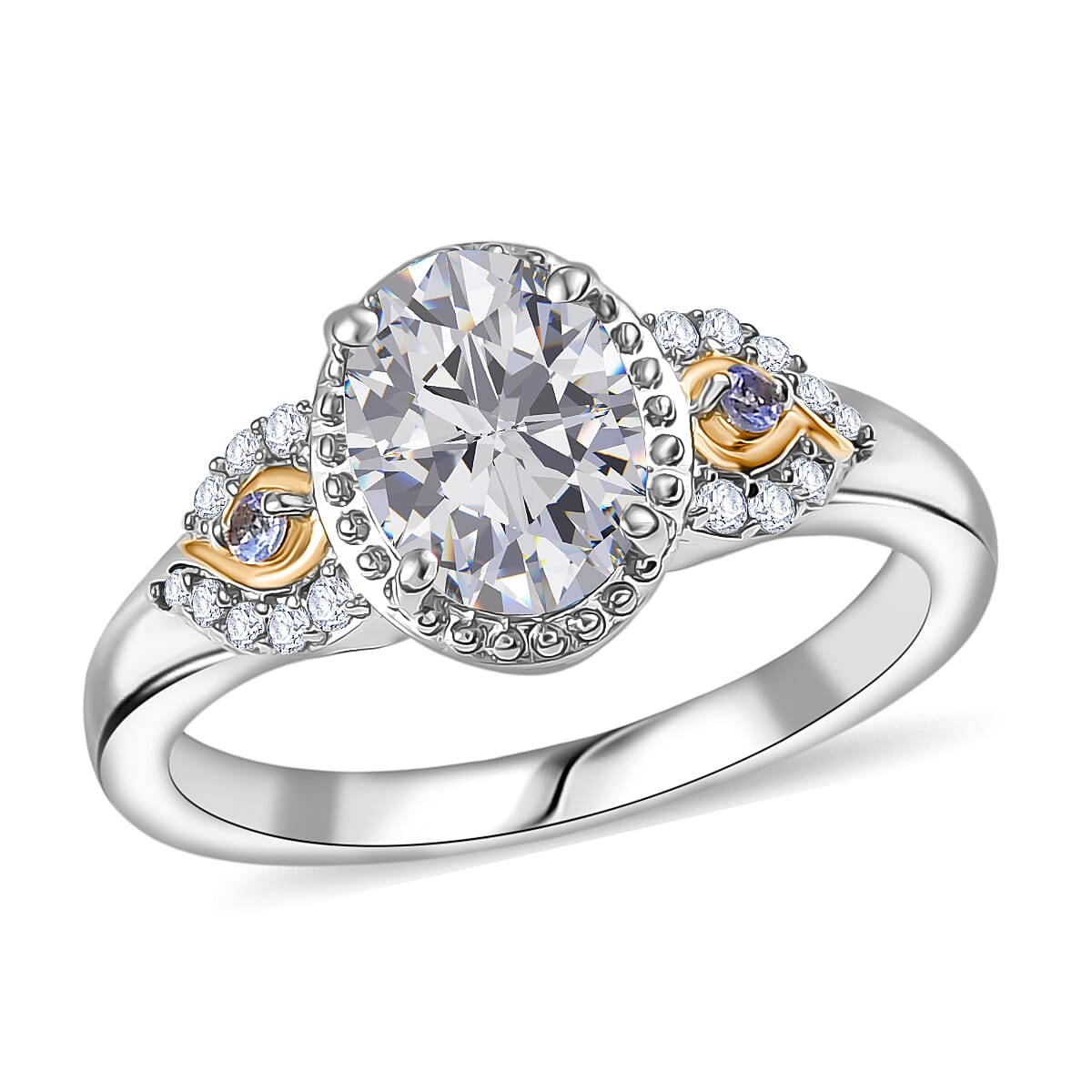 EverTrue Moissanite (Ovl 8x6mm), Tanzanite Ring in 18K YG Plated and Platinum Bond (Size 10.0) 1.50 ctw