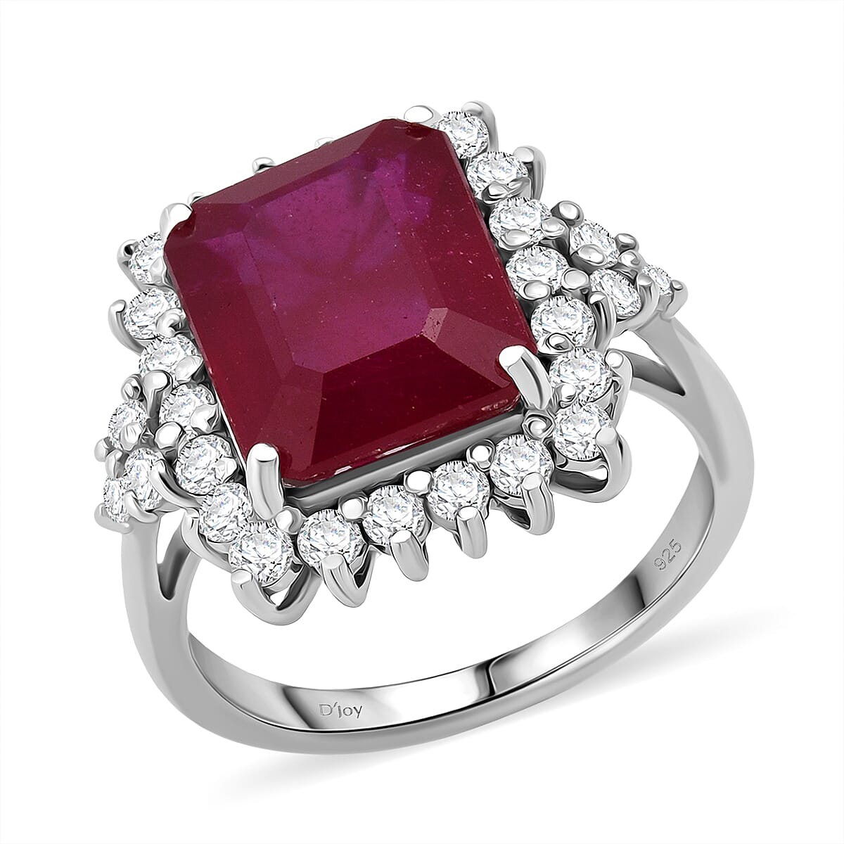 D'Joy Premium Niassa Ruby (FF), Moissanite Crown Blaze Ring in Rhodium Over Sterling Silver (Size 10.0) 8.65 ctw
