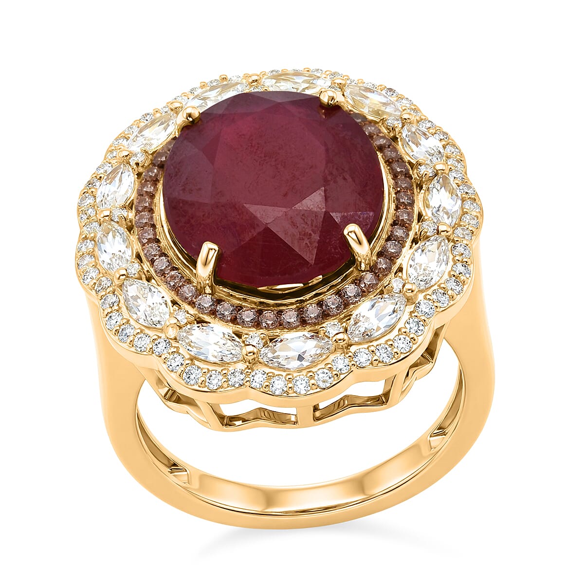 D'Joy Premium Niassa Ruby (FF), Champagne Zircon and White Zircon Regal Bloom Ring in 18K Vermeil YG Over Sterling Silver (Size 10.0) 15.15 ctw
