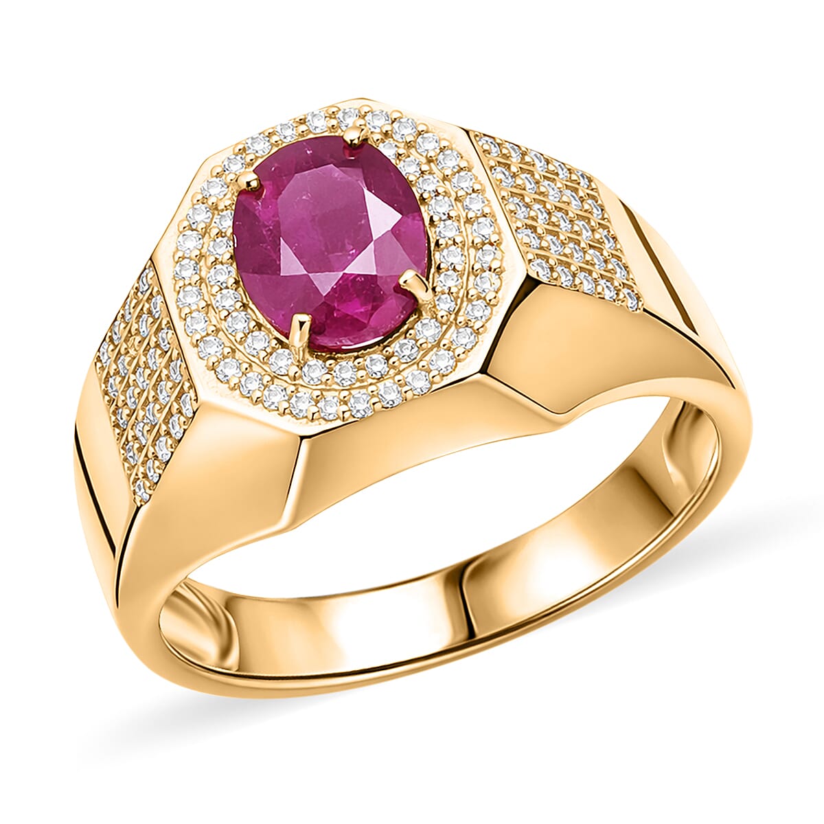 D'Joy AAA Royal Ruby, Moissanite Men's Ring in 18K Vermeil YG Over Sterling Silver (Size 10.0) 2.50 ctw