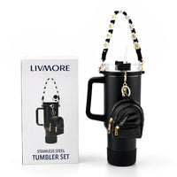 Livmore Black Stainless Steel Tumbler with Straw and Small Bag (10.83"x2.99")