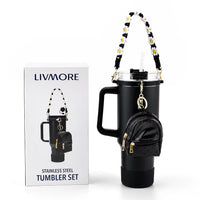 Livmore Black Stainless Steel Tumbler with Straw and Small Bag (10.83"x2.99")