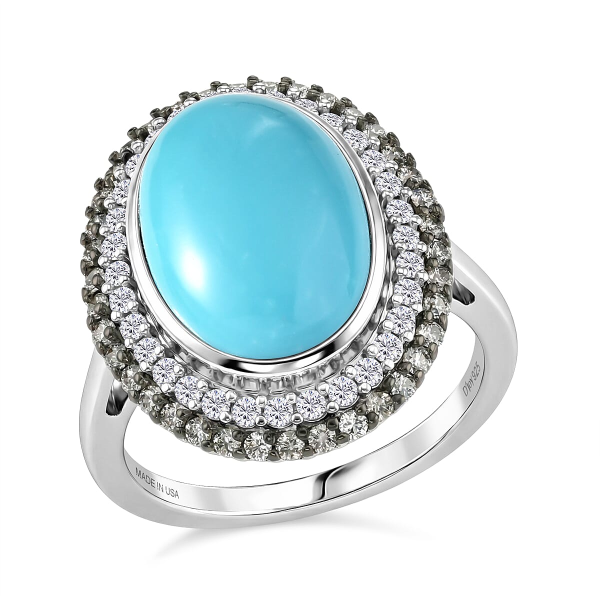 D'Joy Premium Sleeping Beauty Turquoise, Champagne Zircon and White Zircon Ring in Rhodium Over Sterling Silver (Size 10.0) 6.00 ctw