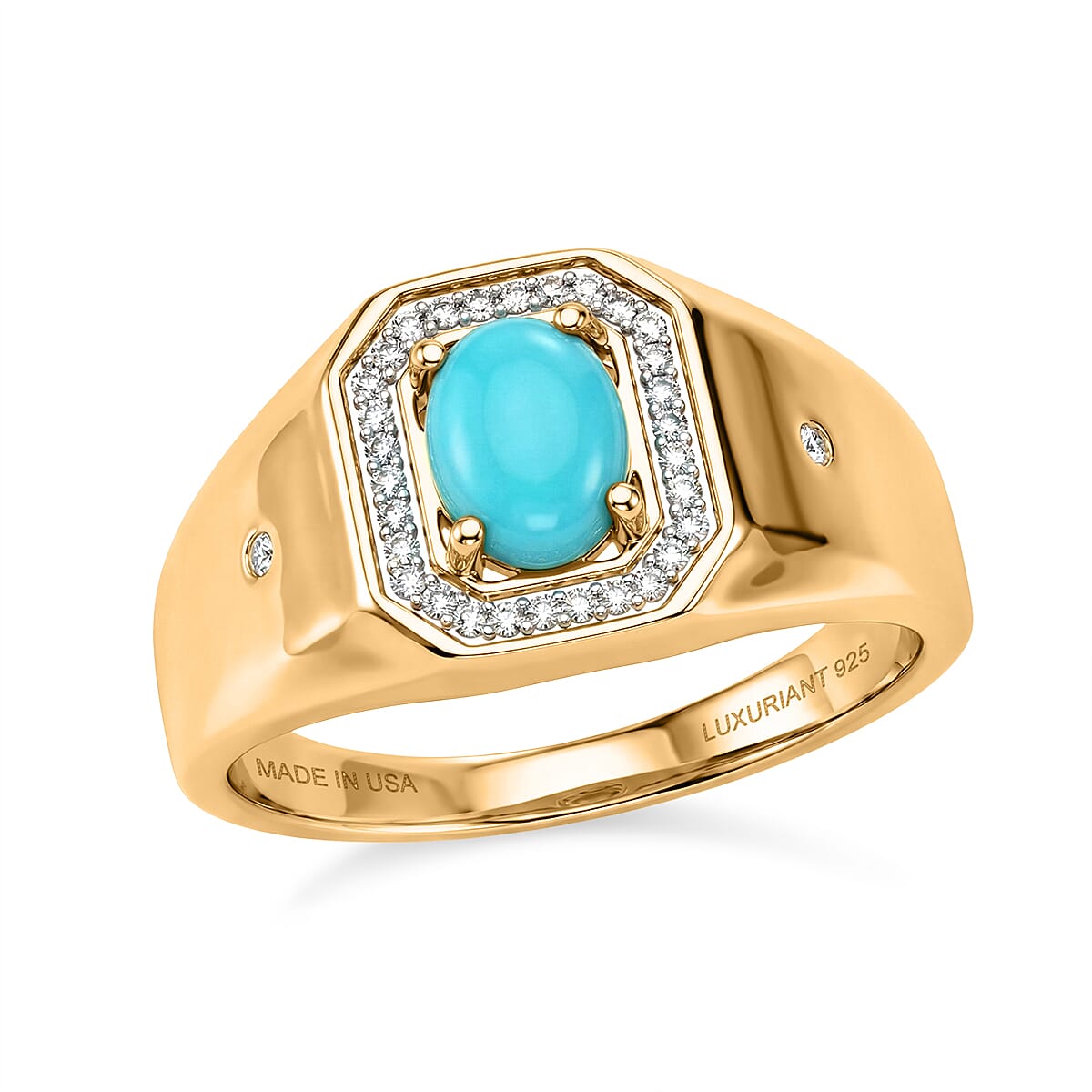 Premium Sleeping Beauty Turquoise, Luxuriant Lab Grown Diamond (I3) (0.17 cts) Men's Ring in 18K Vermeil YG Over Sterling Silver (Size 10.0) 1.35 ctw