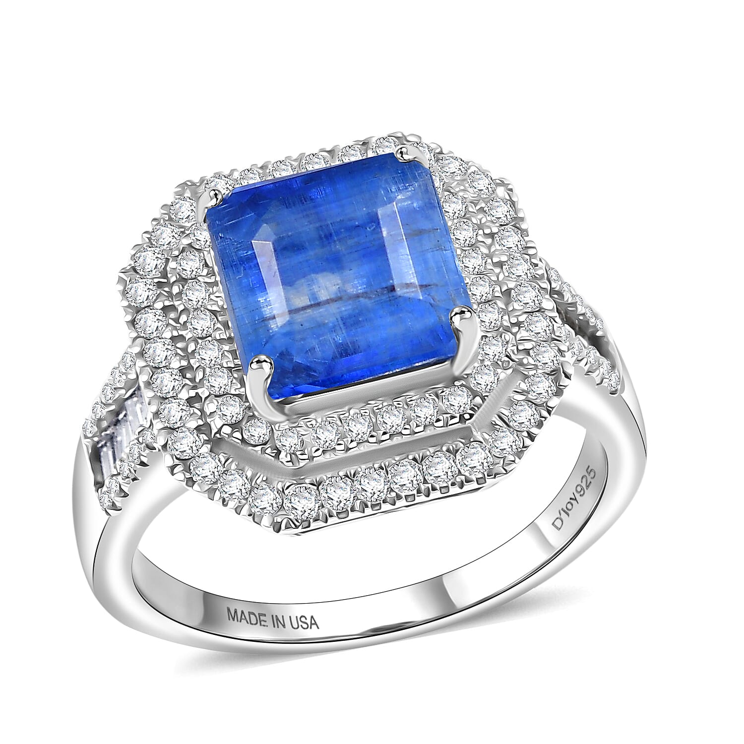 D'Joy Premium Kashmir Kyanite and Moissanite 4.00 ctw Ring in Rhodium Over Sterling Silver