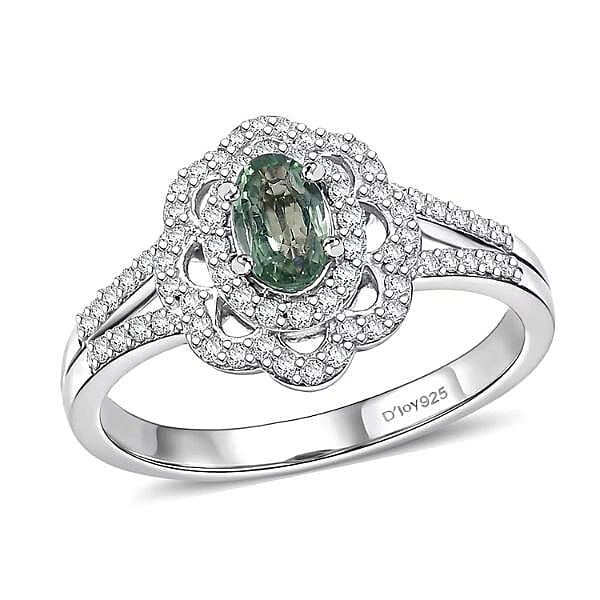 D'Joy Premium Green Sapphire, Moissanite Ring in Rhodium Over Sterling Silver (Size 10.0) 1.00 ctw