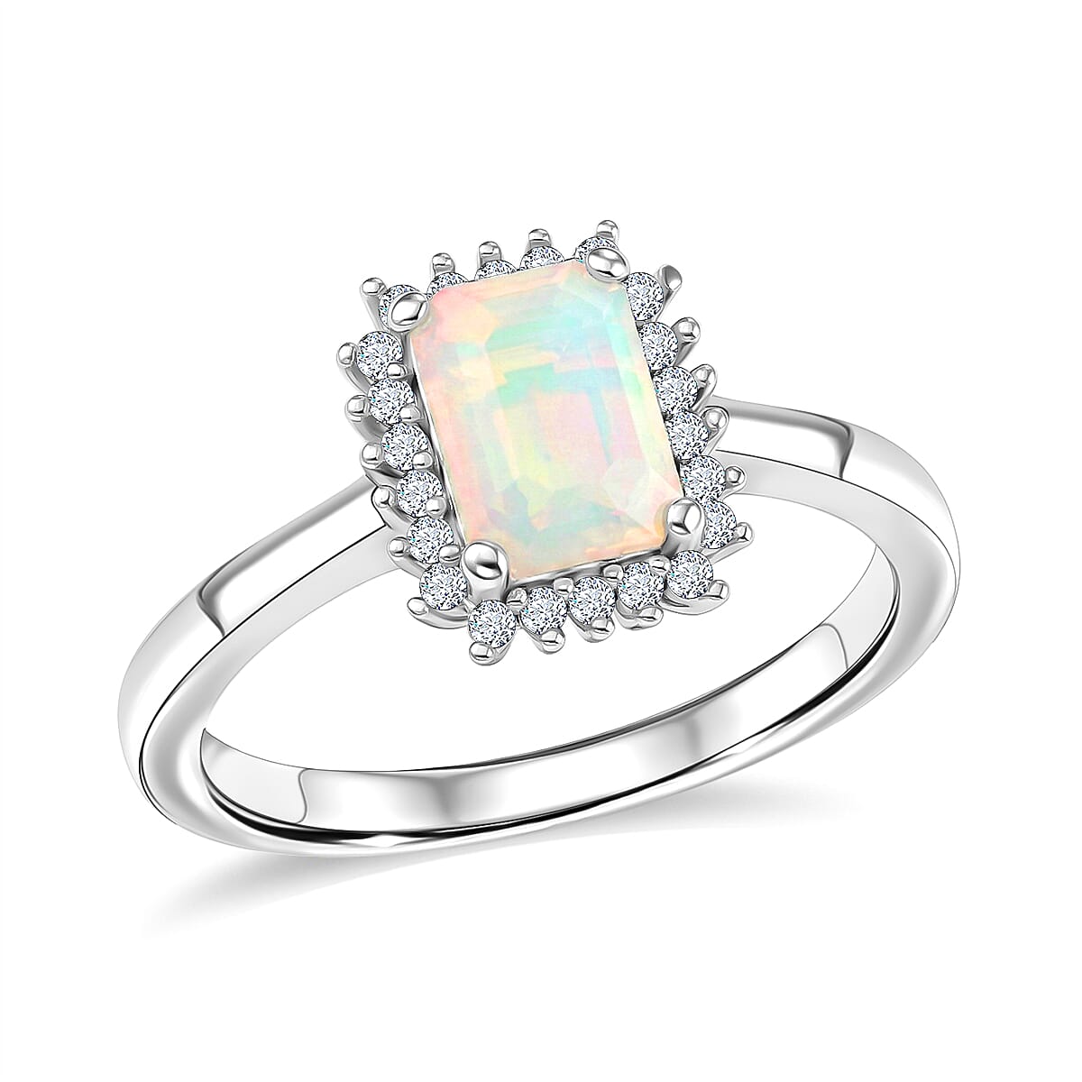 D'Joy Premium Ethiopian Welo Opal, Moissanite Ring in Rhodium Over Sterling Silver (Size 10.0) 0.75 ctw