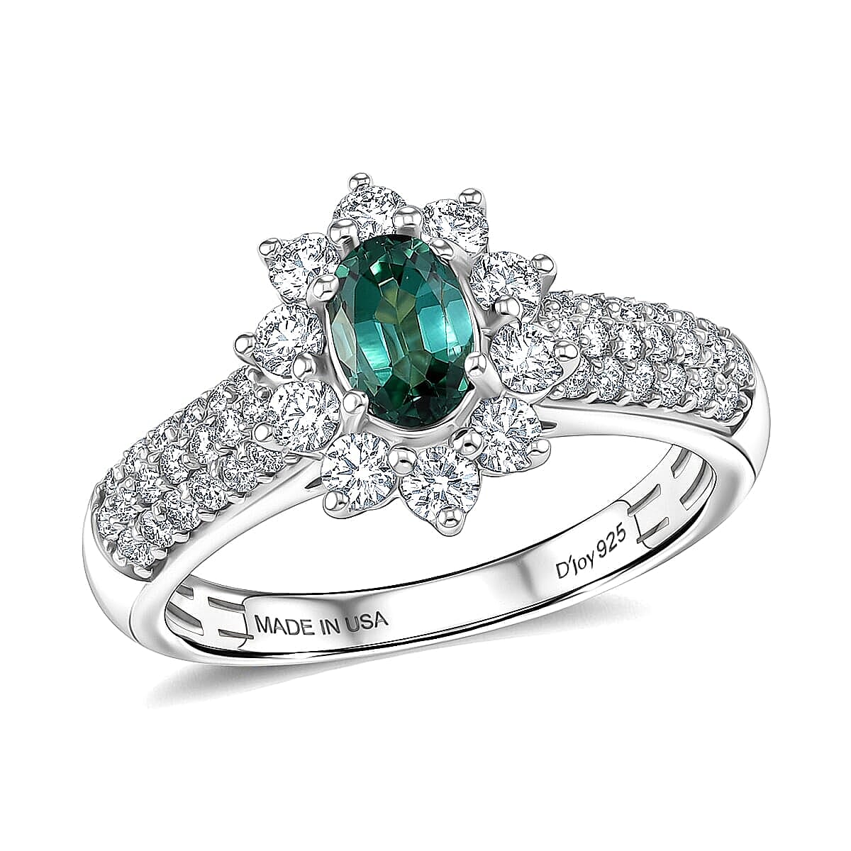Certified & Appraised D'Joy Pirineu Lagoon Tourmaline and Moissanite 1.35 ctw Ring in Rhodium Over Sterling Silver