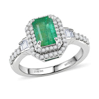 D'Joy Premium Kagem Zambian Emerald, Moissanite Ring in Rhodium Over Sterling Silver (Size 10.0) 1.50 ctw