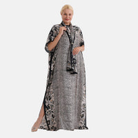 La Marey 3 pcs Black and White Leopard Print Kaftan with Scarf and Metal Buckle
