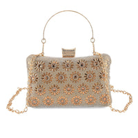 La Marey Golden Floral Pattern Crystal Crossbody Bag (7.68"x4.33"x2.76") with Chain Strap