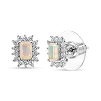 D'Joy Premium Ethiopian Welo Opal and Moissanite 0.70 ctw Prism Halo Earrings in Rhodium Over Sterling Silver