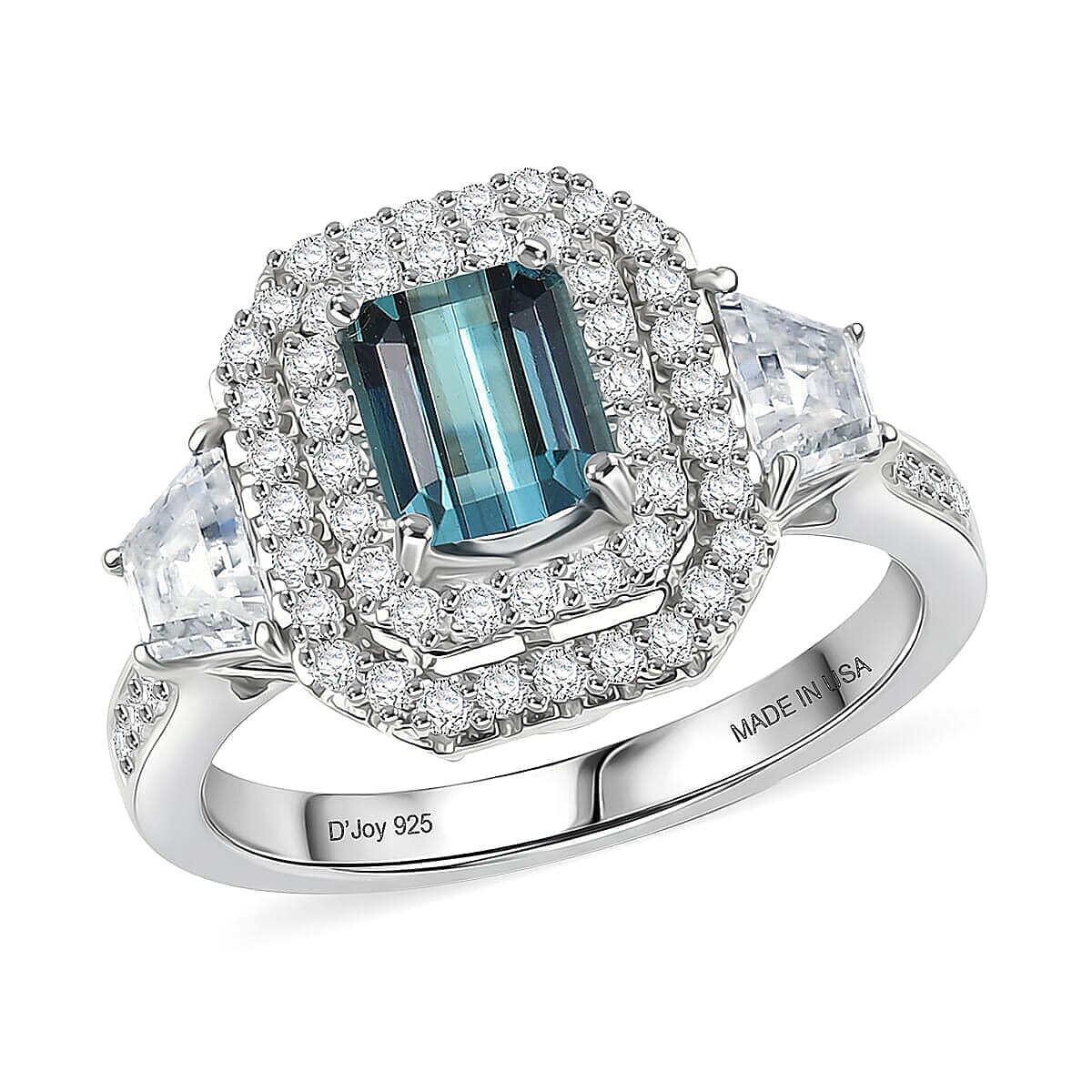 Certified & Appraised D'Joy Pirineu Lagoon Tourmaline and Moissanite 1.85 ctw Ring in Rhodium Over Sterling Silver