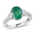 Certified & Appraised D'Joy Premium Kagem Zambian Emerald, Moissanite Ring in Rhodium Over Sterling Silver 2.10 ctw - Sticky add to cart bar