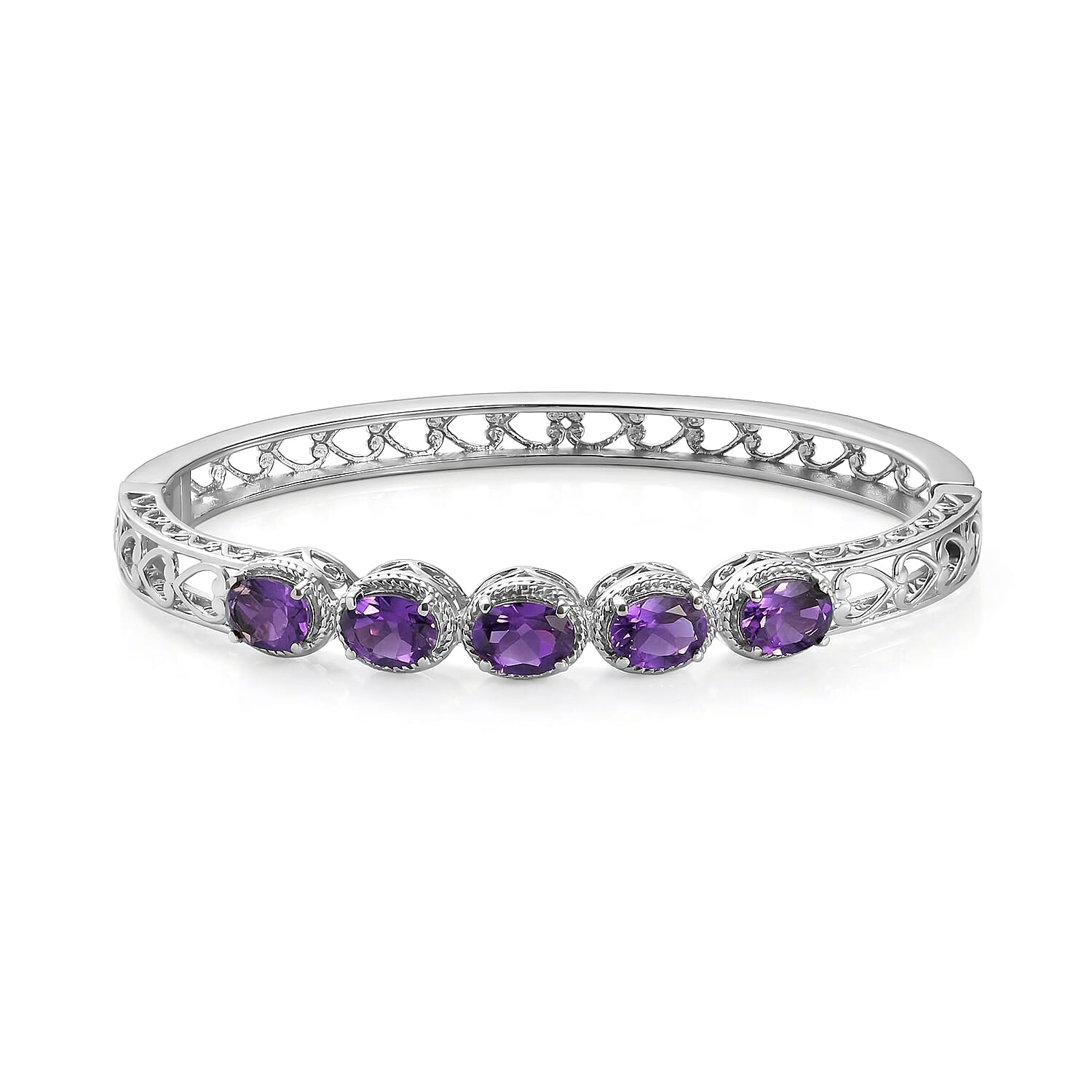 EverTrue African Amethyst Bangle Bracelet in Stainless Steel (7.25 In) 5.65 ctw