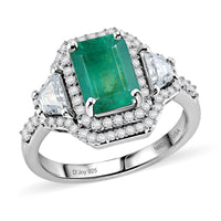 D'Joy Premium Kagem Zambian Emerald, Moissanite Ring in Rhodium Over Sterling Silver (Size 10.0) 2.40 ctw
