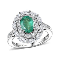 D'Joy Premium Kagem Zambian Emerald, Moissanite Ring in Rhodium Over Sterling Silver (Size 10.0) 2.20 ctw