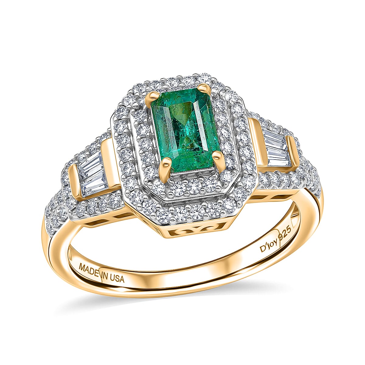 D'Joy Boyaca Colombian Emerald, Moissanite Ring in 18K Vermeil YG Over Sterling Silver (Size 6.0) 1.10 ctw