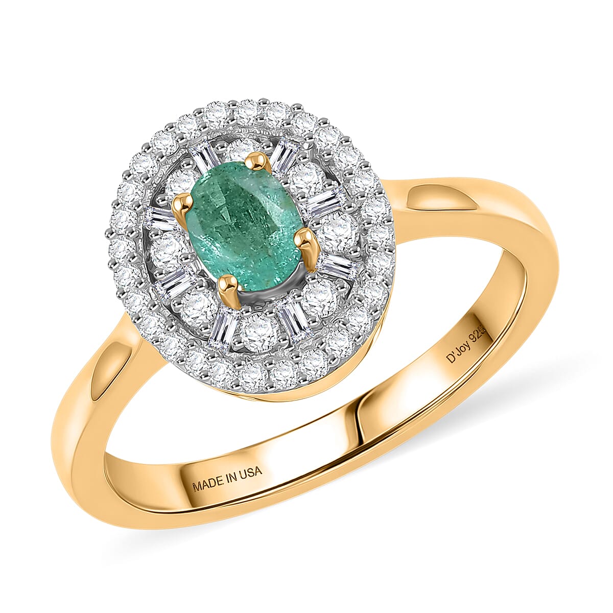 D'Joy Boyaca Colombian Emerald, Diamond (0.33 cts) Ring in 18K Vermeil YG Over Sterling Silver (Size 6.0) 0.65 ctw