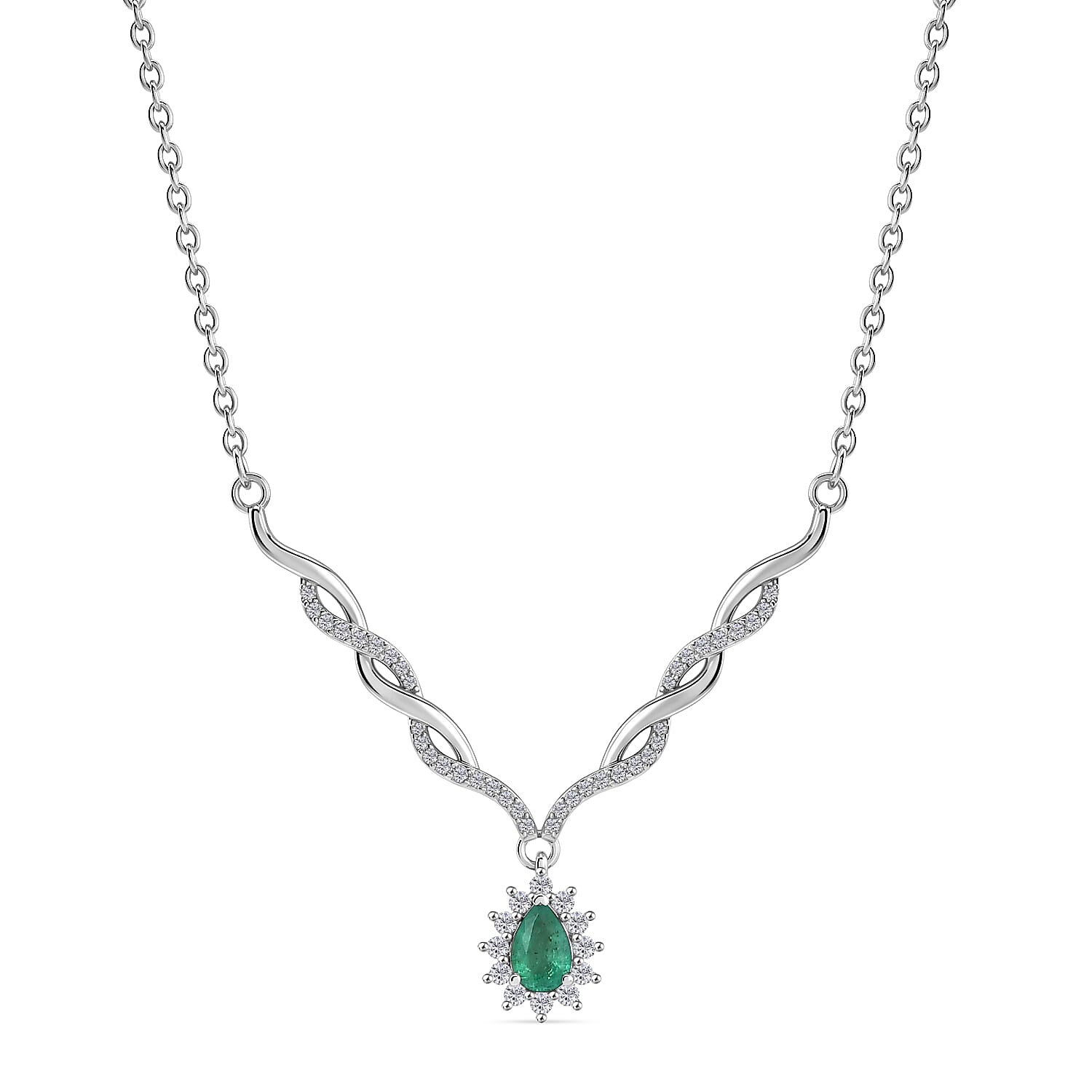 D'Joy Boyaca Colombian Emerald and Moissanite 0.80 ctw Flame Drop Necklace in Rhodium Over Sterling Silver 18-20 Inches
