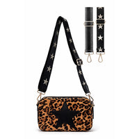 Closeout Vintage Havana Brown Leopard Star Faux Leather Crossbody Bag with Interchangeable Strap (8.5"x2.5"x6.5")