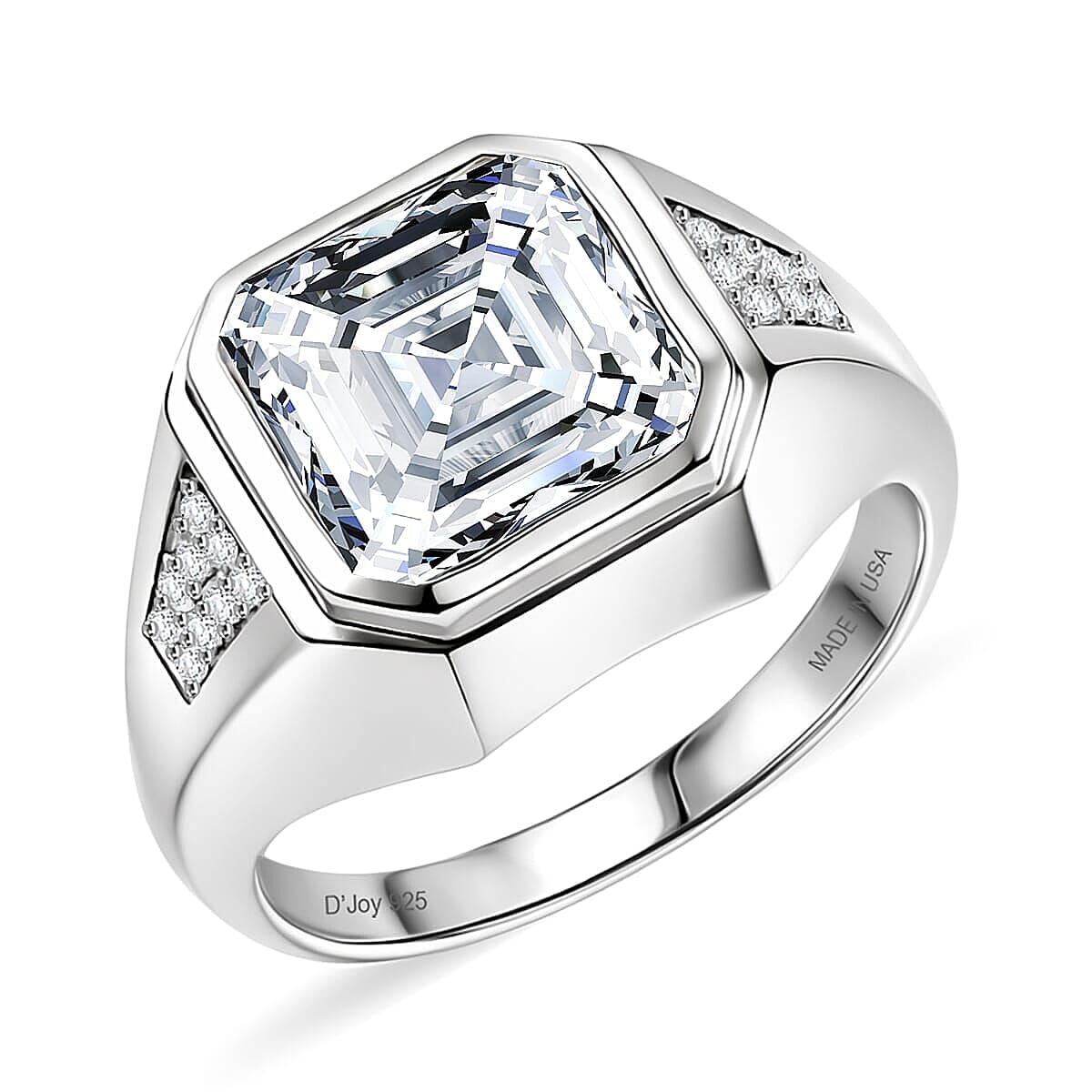 D'Joy Moissanite (Oct 12x12mm) Men's Ring in Rhodium Over Sterling Silver (Size 6.0) 9.60 ctw