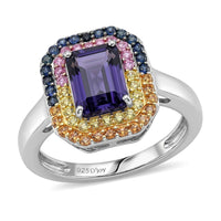 D'Joy Premium Catalina Iolite, Multi Gemstone Imperial Spectrum Ring in Rhodium Over Sterling Silver (Size 10.0) (Del. in 10-12 Days) 2.20 ctw