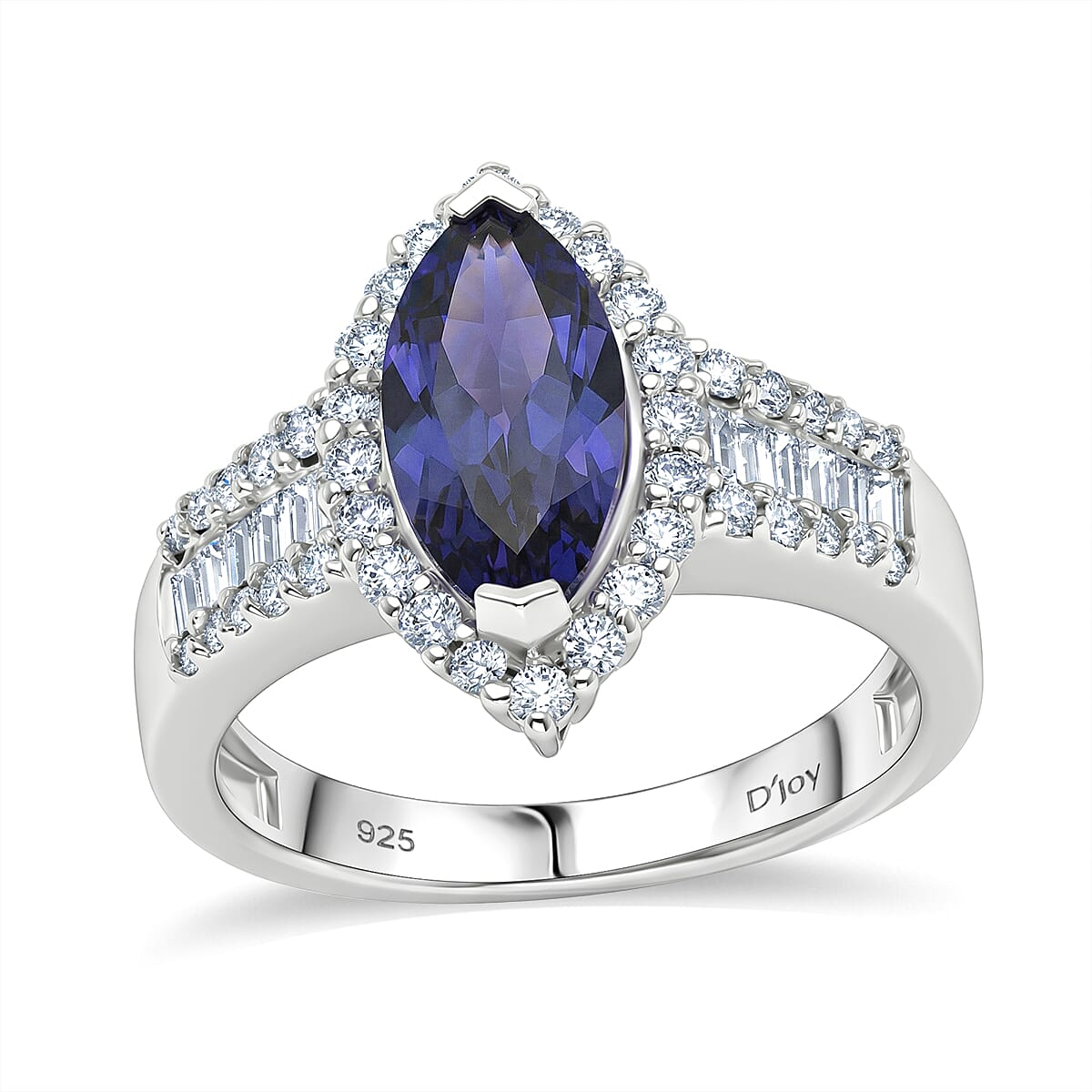 D'Joy Premium Catalina Iolite, Moissanite Twilight Blue Elegance Ring in Rhodium Over Sterling Silver (Size 10.0) 2.00 ctw
