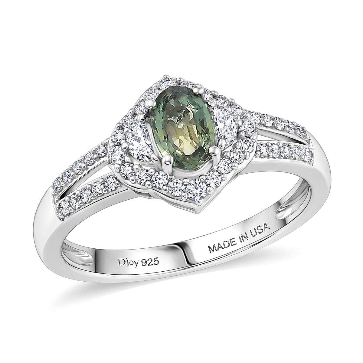 D'Joy Premium Green Sapphire, White Zircon Emerald Bloom Ring in Rhodium Over Sterling Silver (Size 10.0) 1.15 ctw