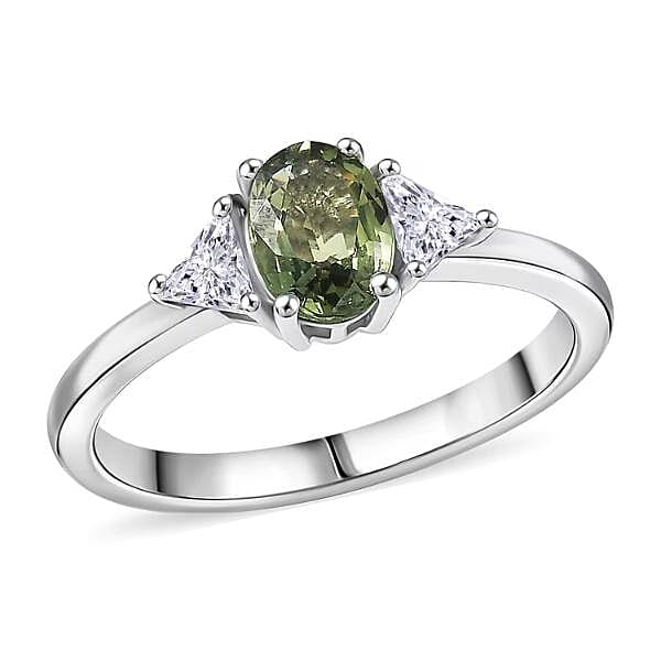 D'Joy Premium Green Sapphire, Moissanite Ring in Rhodium Over Sterling Silver (Size 10.0) 1.15 ctw