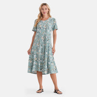 LA Marey Green Double Knit Brushed Line Dress with Short Sleeves