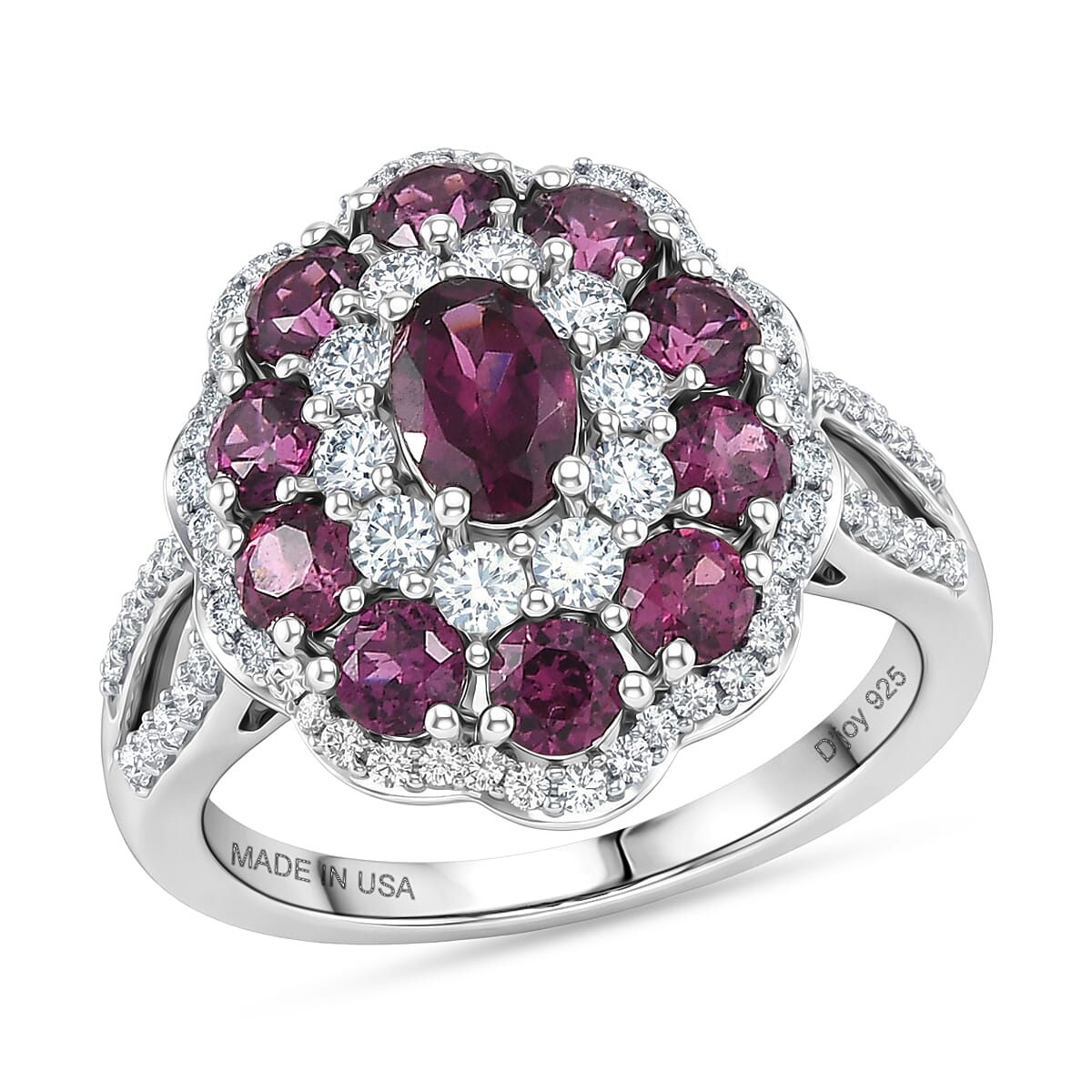 D'Joy AAA Radiant Ember Garnet, Moissanite Ring in Rhodium Over Sterling Silver (Size 8.0) 2.75 ctw