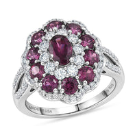 D'Joy AAA Radiant Ember Garnet, Moissanite Ring in Rhodium Over Sterling Silver (Size 8.0) 2.75 ctw