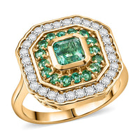 D'Joy Asscher Cut AAA Kagem Zambian Emerald, Moissanite Ring in 18K Vermeil YG Over Sterling Silver (Size 10.0) 1.30 ctw