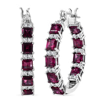 D'Joy Premium Radiant Ember Garnet, Moissanite Royal Fire Hoop Earrings in Rhodium Over Sterling Silver 8.10 ctw