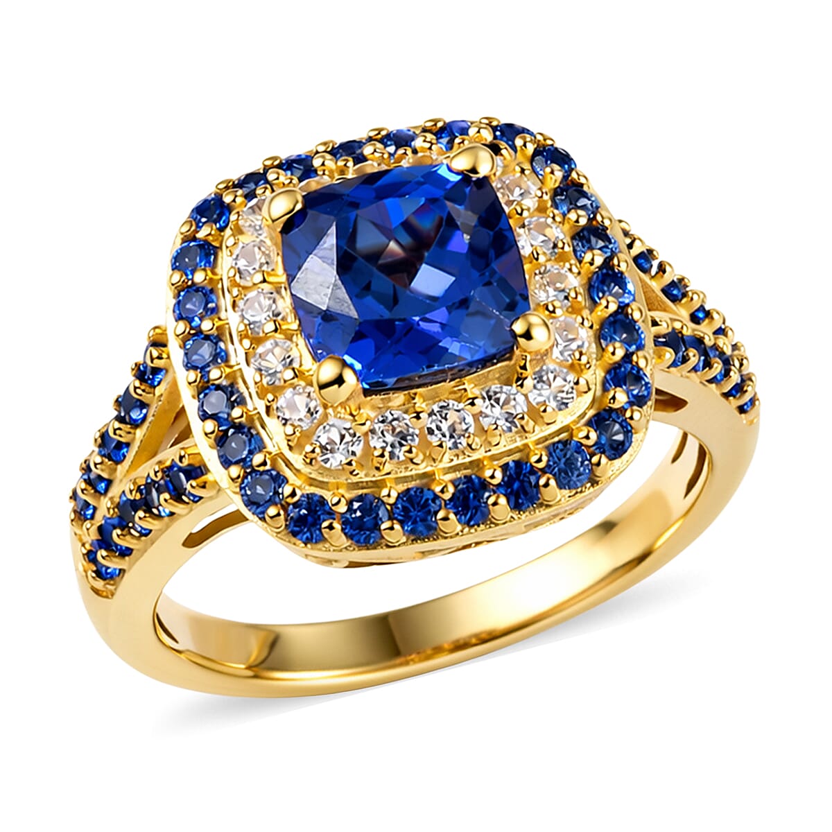 EverTrue Lab Created Blue and White Sapphire Halo Ring in 18K YG Plated (Size 10.0) 3.85 ctw