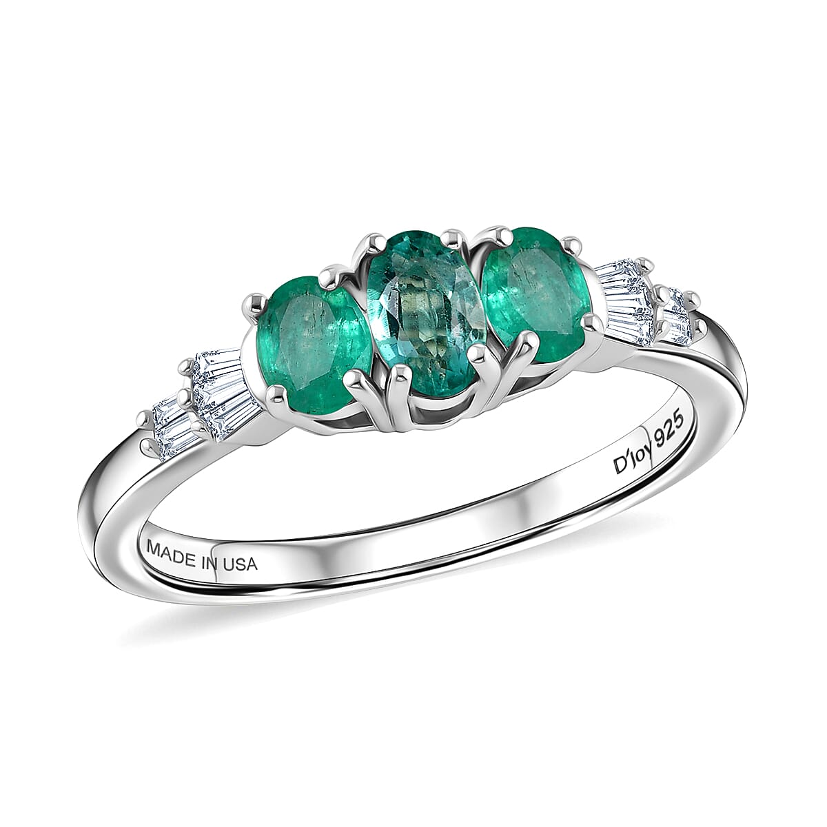 D'Joy Boyaca Colombian Emerald, Diamond Ring in Rhodium Over Sterling Silver (Size 10.0) 0.60 ctw