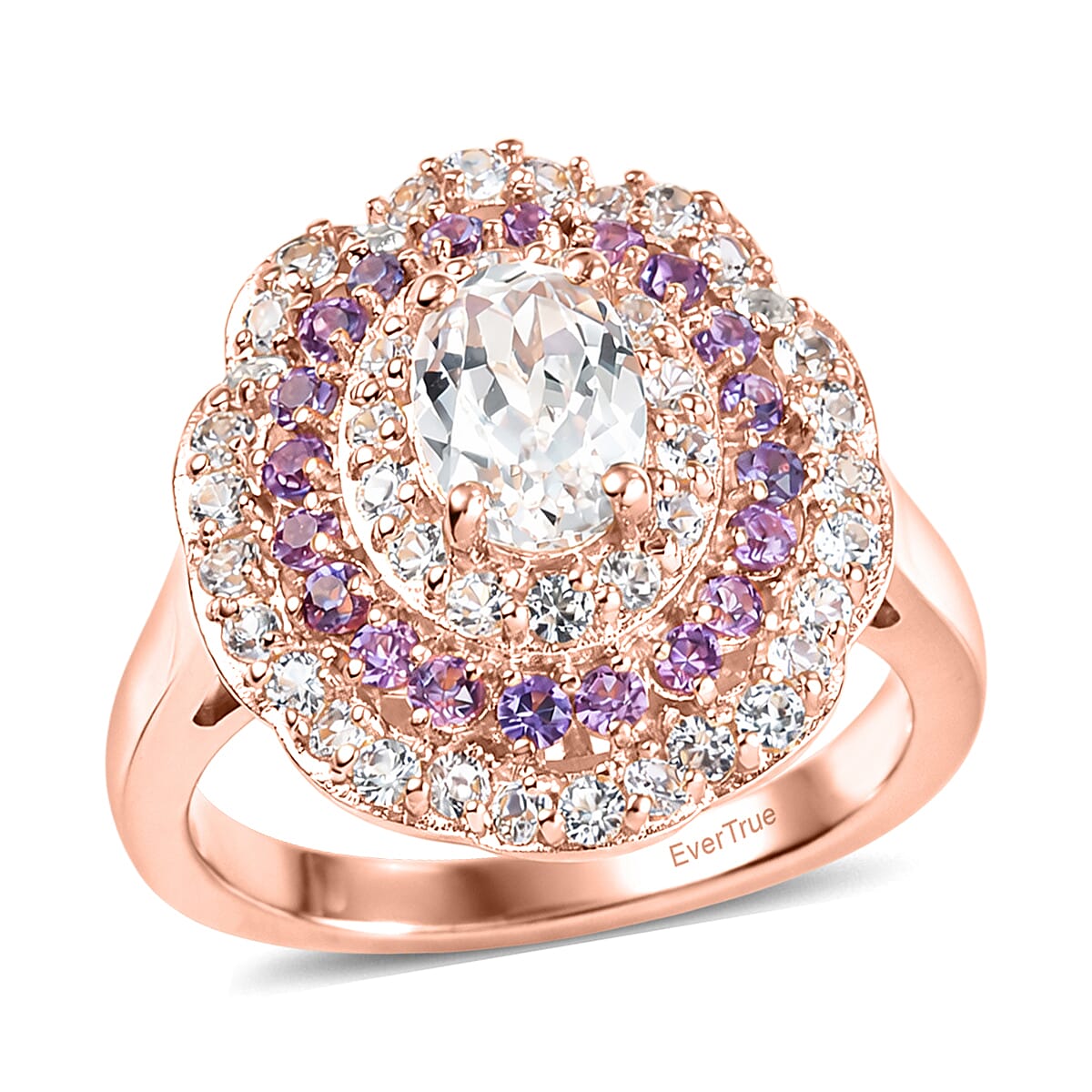 EverTrue Lab Created White and Purple Sapphire Ring in 18K RG Plated (Size 10.0) 2.35 ctw