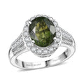 D'Joy Bohemian Moldavite, White Zircon Ring in Rhodium Over Sterling Silver (Size 10.0) 3.00 ctw - Sticky add to cart bar