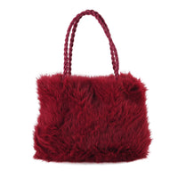 La Marey Red Solid Fur Tote Bag with Woven Handle (15"x12.6"x2")