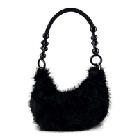 La Marey Black Solid Fur Phone Bag (12.2"x9.84") with Wooden Bead Handle