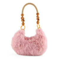 La Marey Black Solid Fur Phone Bag (12.2"x9.84") with Wooden Bead Handle
