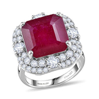 Certified & Appraised D'Joy Asscher Cut Niassa Ruby (FF) and Moissanite 13.00 ctw Ring in Rhodium Over Sterling Silver (Size 6.0)
