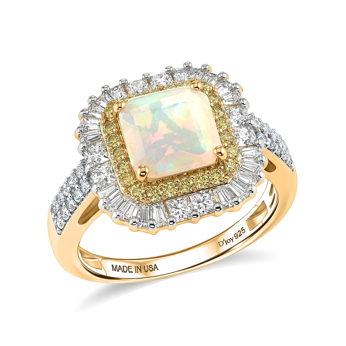 D'Joy Premium Asscher Cut Ethiopian Welo Opal, Multi Gemstone Ring in 18K Vermeil YG Over Sterling Silver (Size 10.0) 2.75 ctw