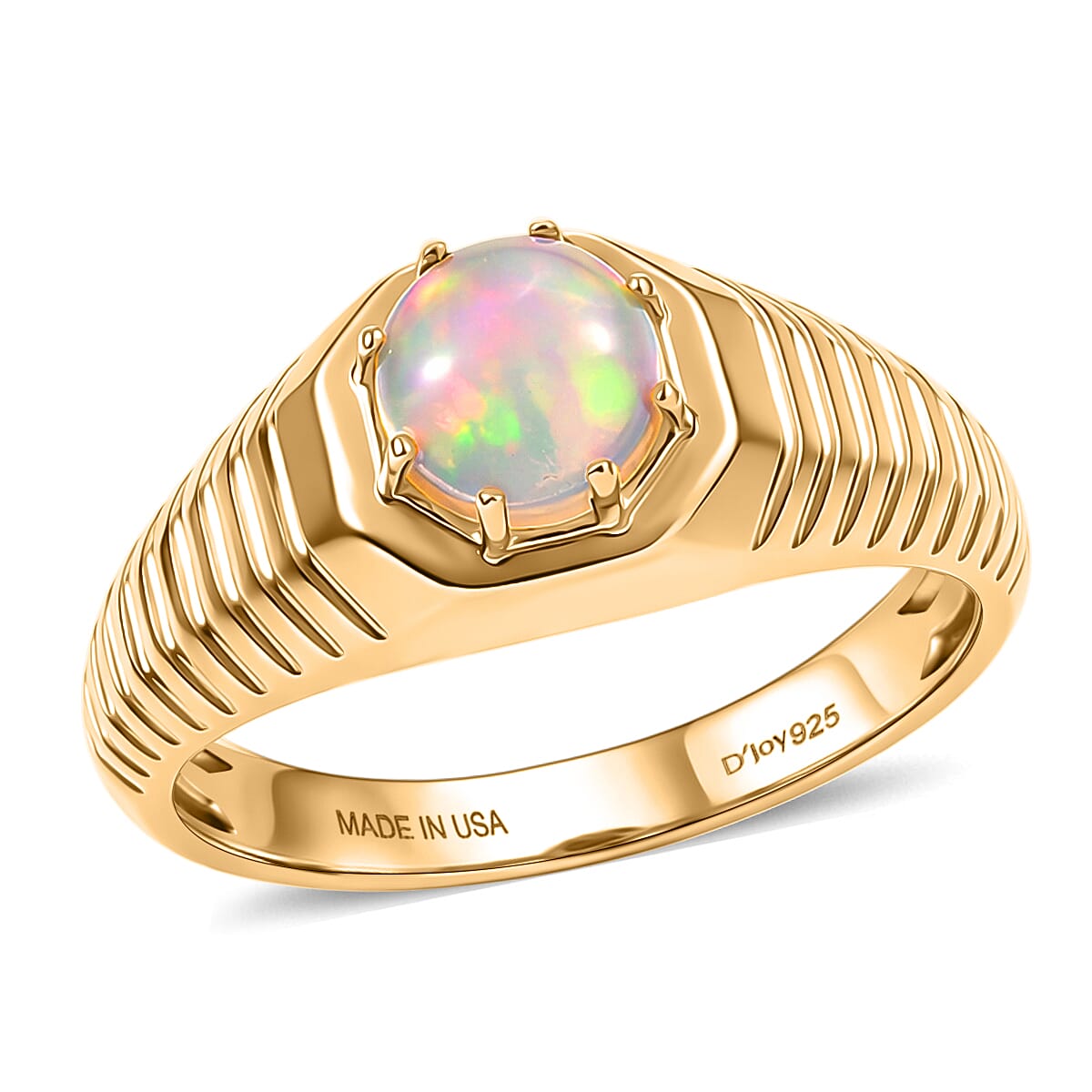 D'Joy Premium Ethiopian Welo Opal Men's Ring in 18K Vermeil YG Over Sterling Silver (Size 10.0) 0.80 ctw
