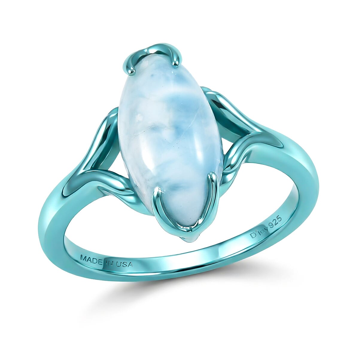 D'Joy AAA Larimar Tidal Flame Ring in Blue E-Coat Sterling Silver (Size 6.0) 1.65 ctw